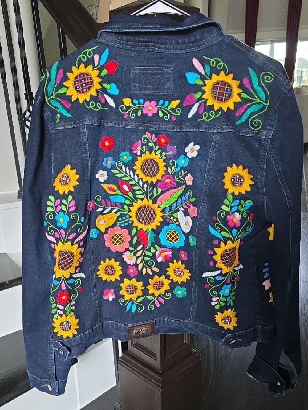 Women’s Dark Blue Embroidered Denim Jacket with Sunflower Accents